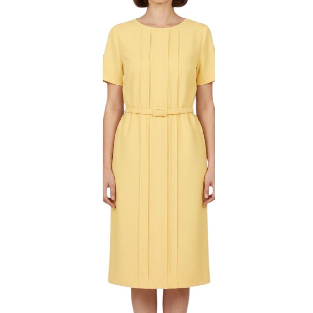 VTG DIANE ROBERTS Yellow TWILL Pleated Slits SIDE POCKETS Belted SHEATH DRESS 14